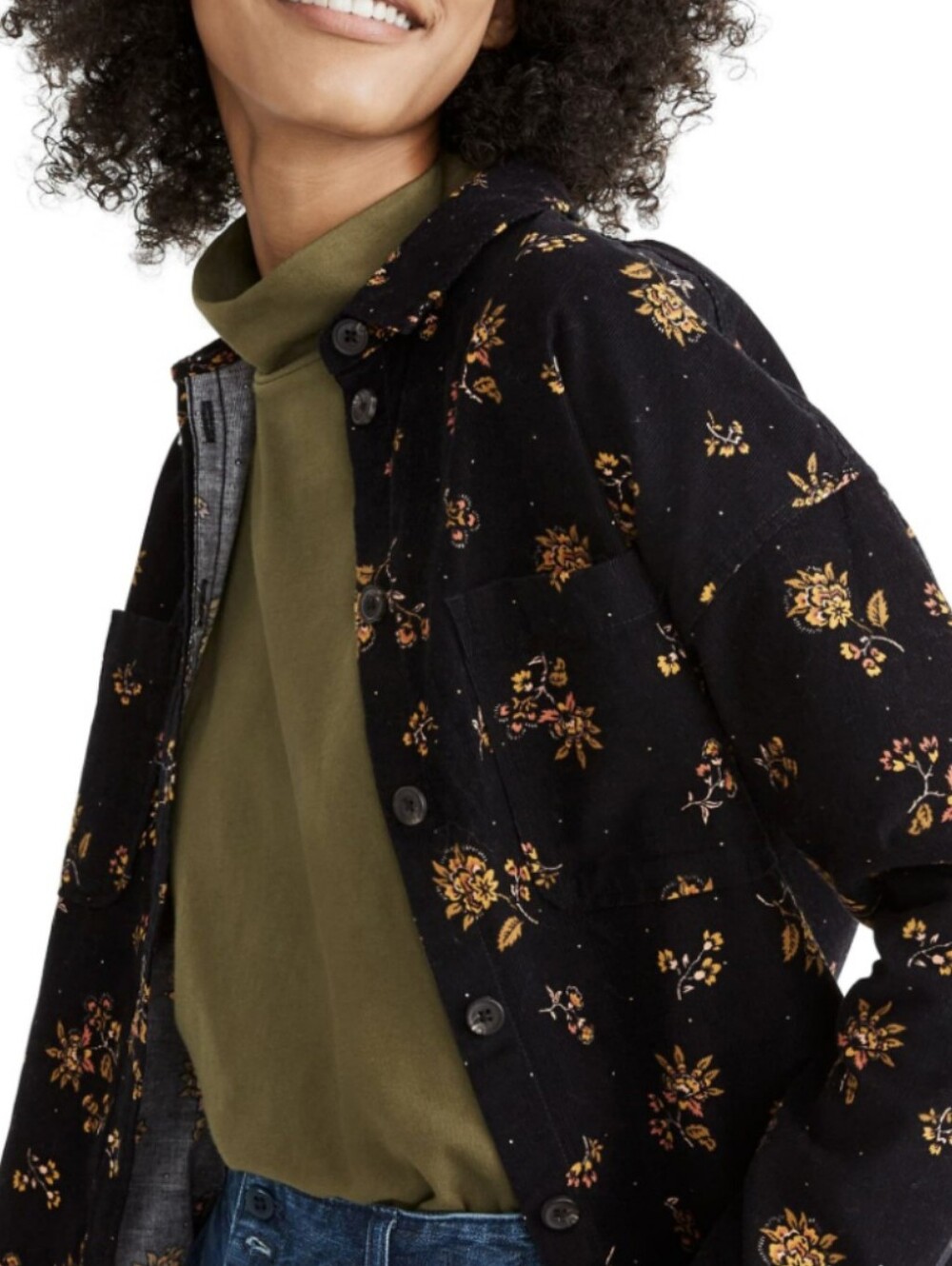 Madewell Black Floral Button-Up Top. Classic. Corduroy. Dark Floral.